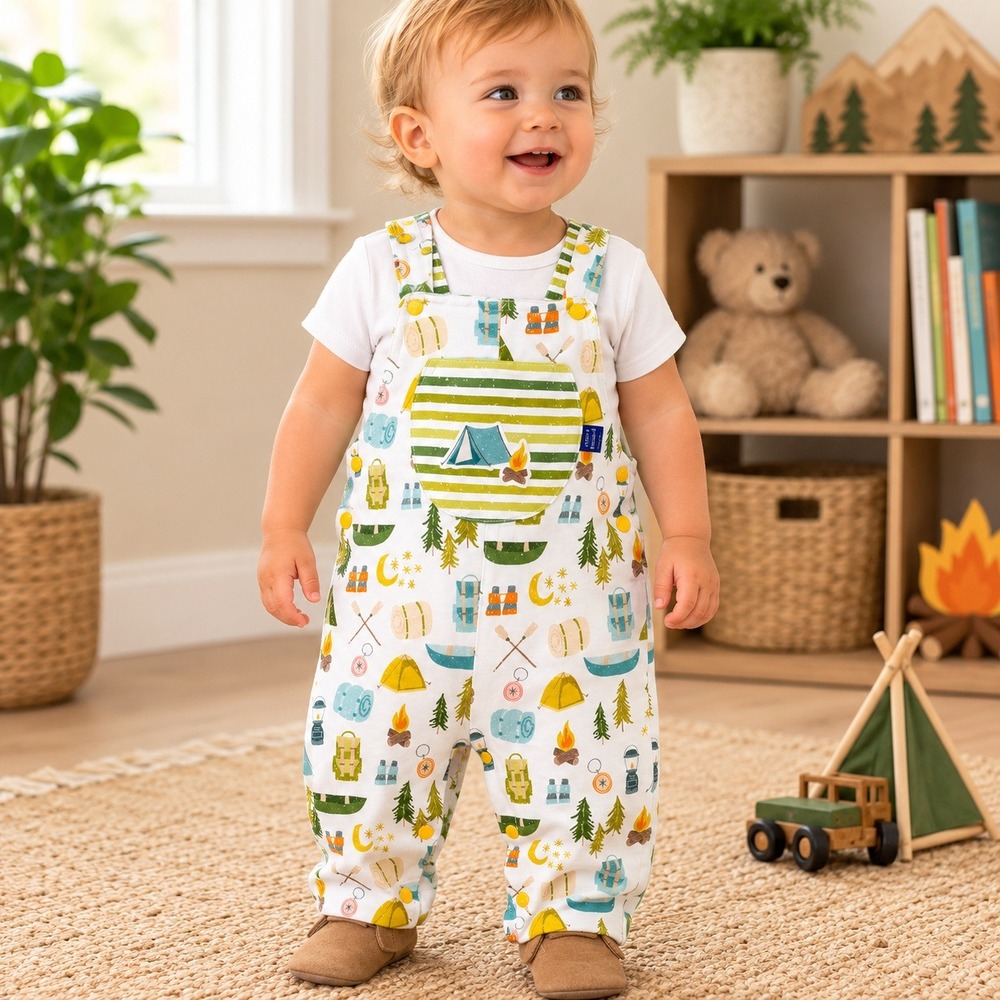 Aunty Made It Reversible Camping Print Baby Overalls Romper Handmade 12-18M Est